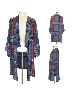 Tahari Kimono Duster Open Drape Sweater Size S-M Blue Red Cover Up Multicolour